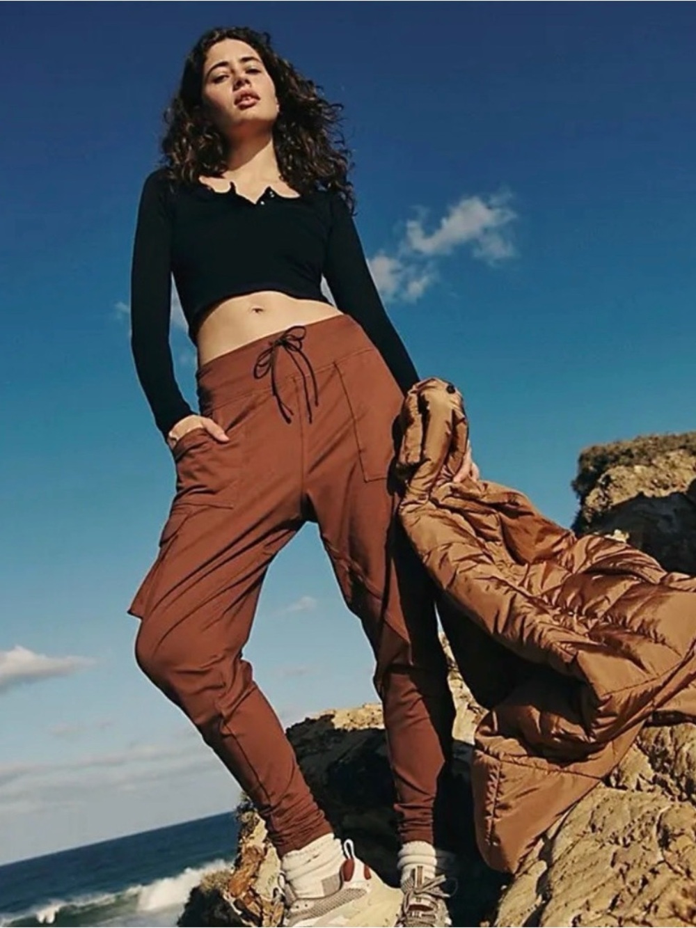 Free People Black Ribbed Snap-Henley Crop Top - Picture 3 of 5